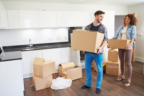 Packed household boxes ready for removals in Eastfinchley